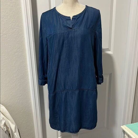 LOFT Light Blue Denim Dress Cuffed Sleeve Pockets - Picture 1 of 5